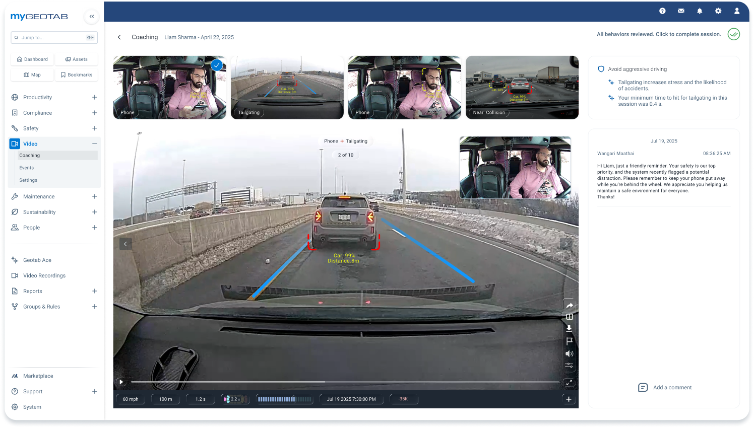 Geotab GO Focus Plus coaching active